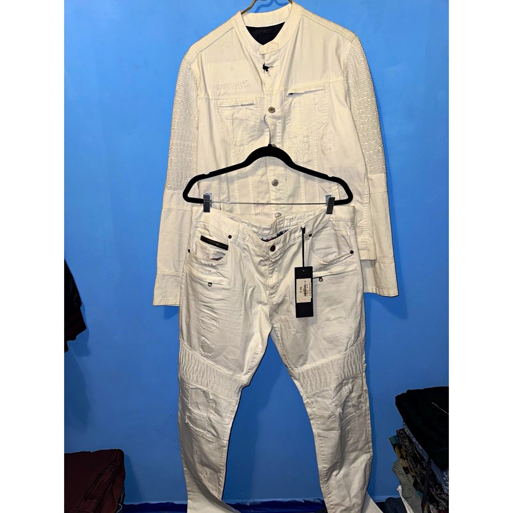 Rockstar Slim Skinny Jeans White Denim Biker Jacket Set Mens 38 M NWT